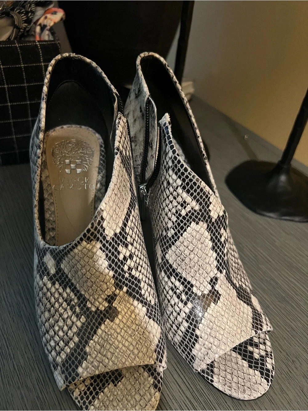 Vince Camuto Snake-Print Peep Toe Kitten Heels - White/Black